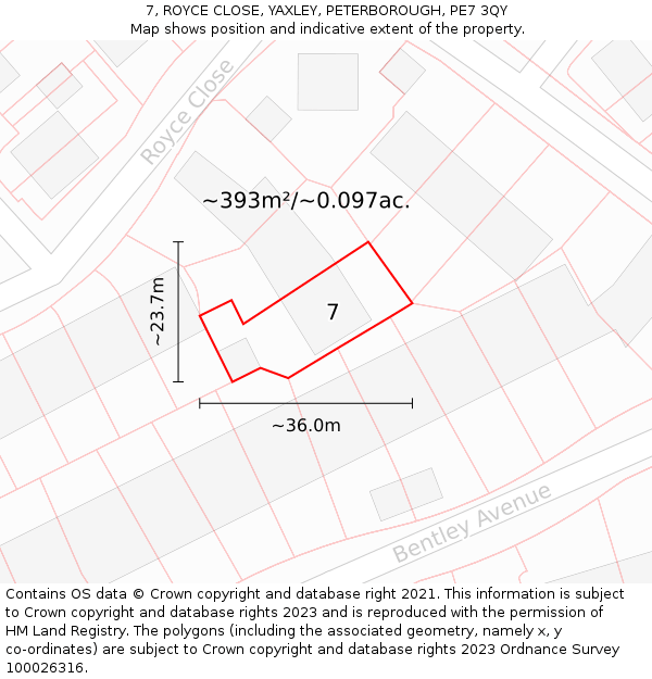 7, ROYCE CLOSE, YAXLEY, PETERBOROUGH, PE7 3QY: Plot and title map