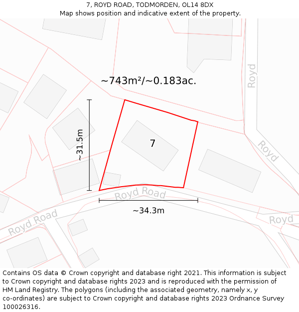 7, ROYD ROAD, TODMORDEN, OL14 8DX: Plot and title map