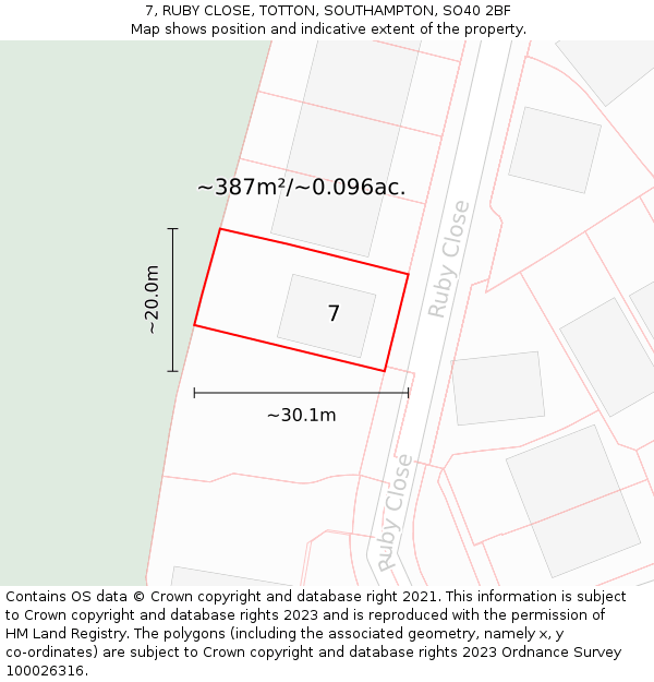 7, RUBY CLOSE, TOTTON, SOUTHAMPTON, SO40 2BF: Plot and title map