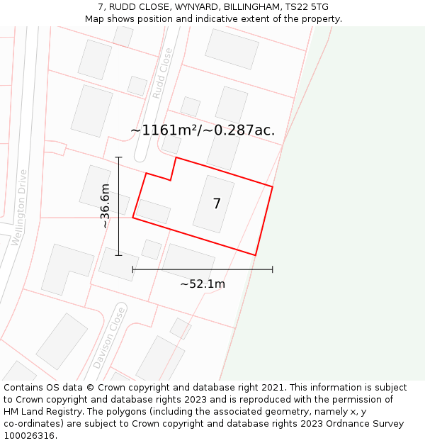 7, RUDD CLOSE, WYNYARD, BILLINGHAM, TS22 5TG: Plot and title map