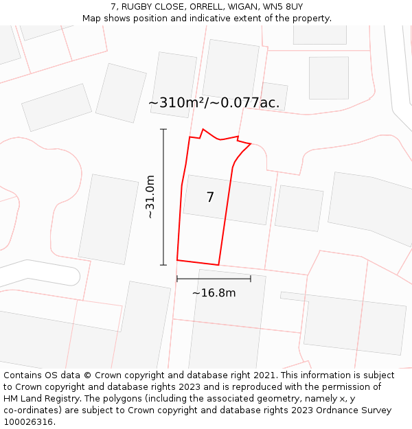 7, RUGBY CLOSE, ORRELL, WIGAN, WN5 8UY: Plot and title map