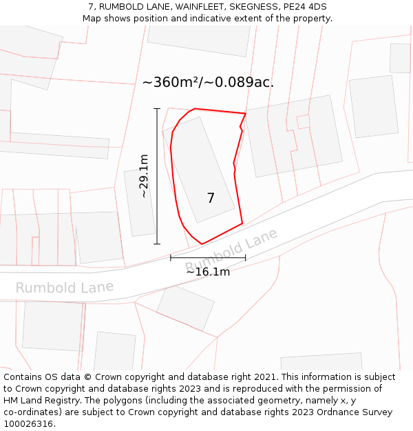 7, RUMBOLD LANE, WAINFLEET, SKEGNESS, PE24 4DS: Plot and title map