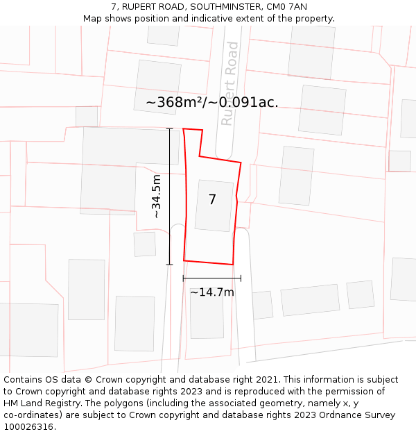 7, RUPERT ROAD, SOUTHMINSTER, CM0 7AN: Plot and title map