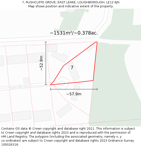 7, RUSHCLIFFE GROVE, EAST LEAKE, LOUGHBOROUGH, LE12 6JN: Plot and title map