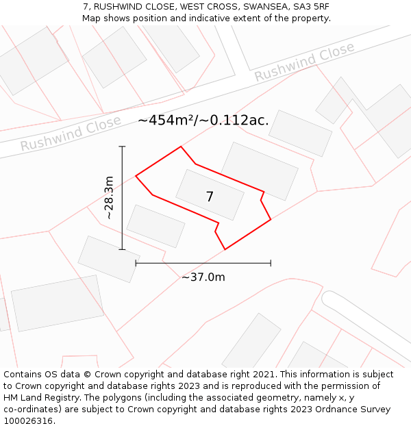 7, RUSHWIND CLOSE, WEST CROSS, SWANSEA, SA3 5RF: Plot and title map