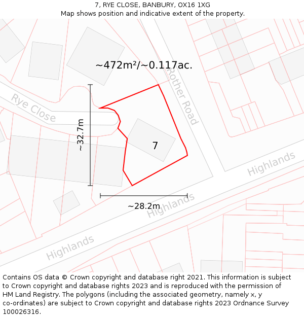 7, RYE CLOSE, BANBURY, OX16 1XG: Plot and title map