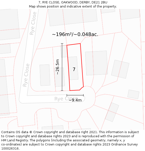 7, RYE CLOSE, OAKWOOD, DERBY, DE21 2BU: Plot and title map