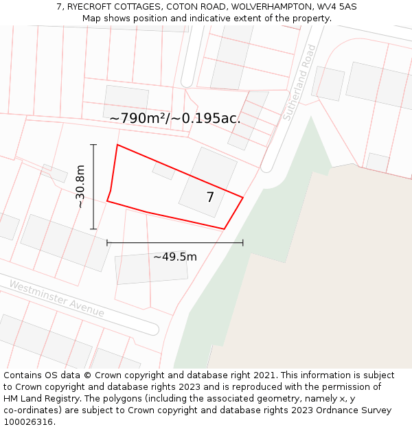 7, RYECROFT COTTAGES, COTON ROAD, WOLVERHAMPTON, WV4 5AS: Plot and title map