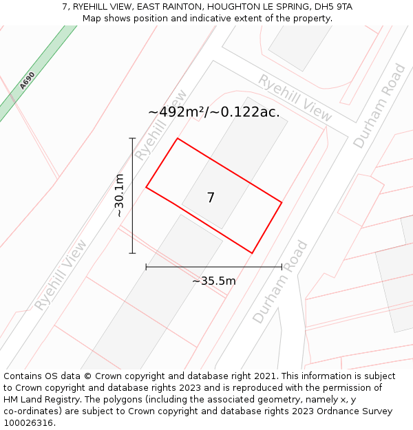 7, RYEHILL VIEW, EAST RAINTON, HOUGHTON LE SPRING, DH5 9TA: Plot and title map