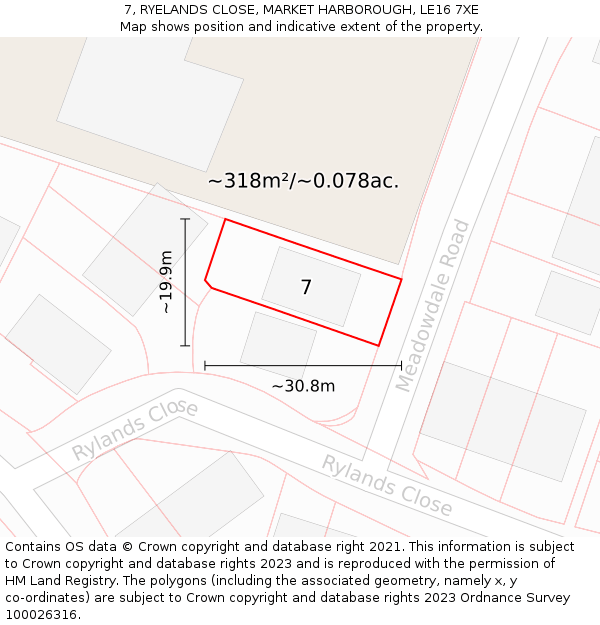 7, RYELANDS CLOSE, MARKET HARBOROUGH, LE16 7XE: Plot and title map