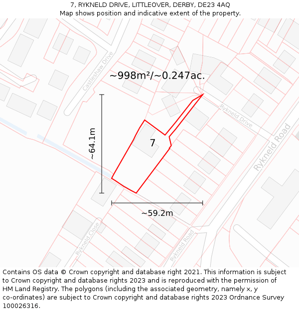 7, RYKNELD DRIVE, LITTLEOVER, DERBY, DE23 4AQ: Plot and title map