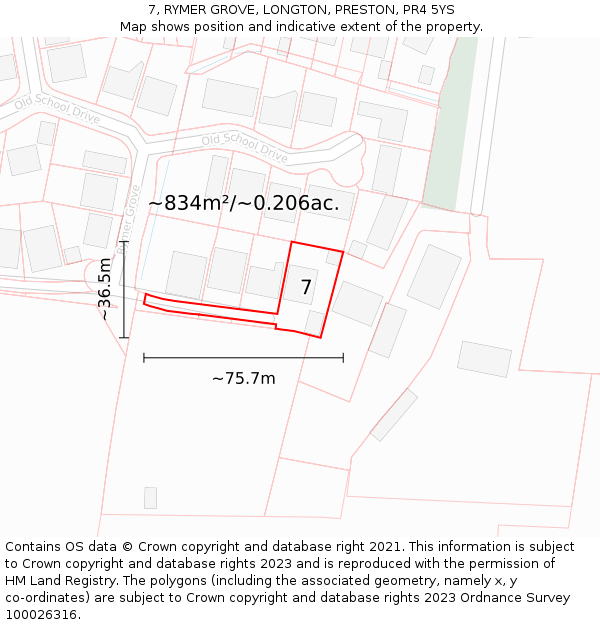 7, RYMER GROVE, LONGTON, PRESTON, PR4 5YS: Plot and title map