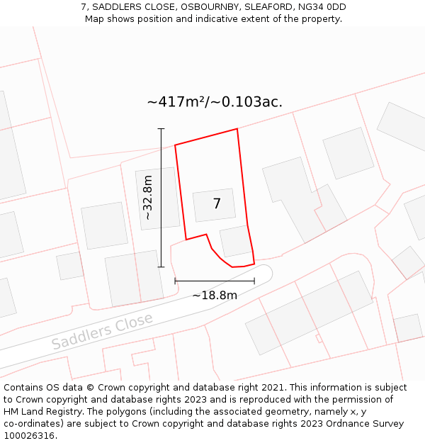 7, SADDLERS CLOSE, OSBOURNBY, SLEAFORD, NG34 0DD: Plot and title map