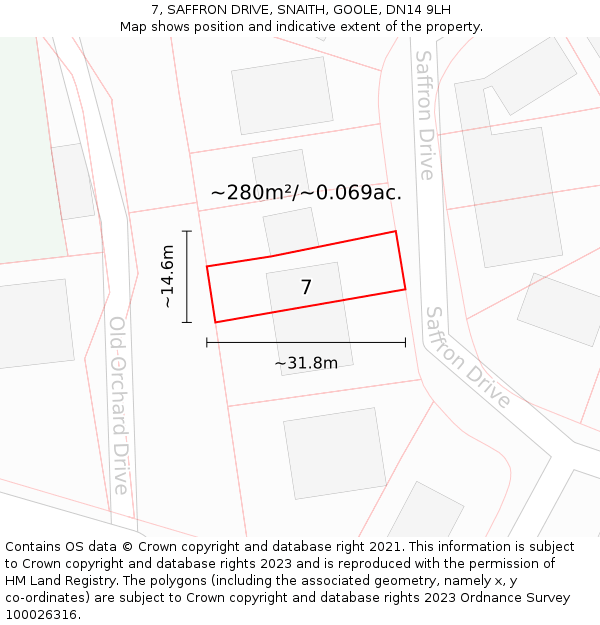 7, SAFFRON DRIVE, SNAITH, GOOLE, DN14 9LH: Plot and title map