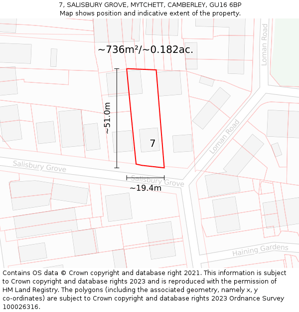 7, SALISBURY GROVE, MYTCHETT, CAMBERLEY, GU16 6BP: Plot and title map