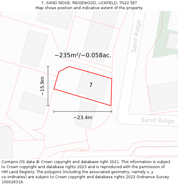 7, SAND RIDGE, RIDGEWOOD, UCKFIELD, TN22 5ET: Plot and title map