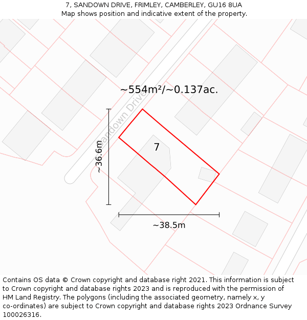 7, SANDOWN DRIVE, FRIMLEY, CAMBERLEY, GU16 8UA: Plot and title map