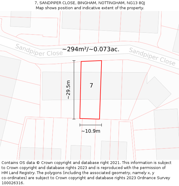 7, SANDPIPER CLOSE, BINGHAM, NOTTINGHAM, NG13 8QJ: Plot and title map