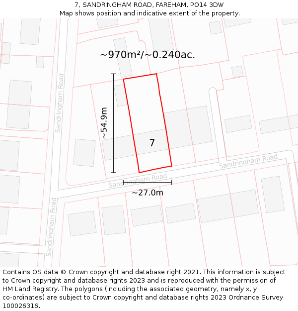 7, SANDRINGHAM ROAD, FAREHAM, PO14 3DW: Plot and title map