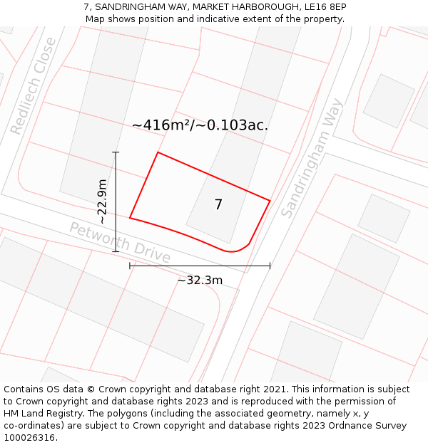 7, SANDRINGHAM WAY, MARKET HARBOROUGH, LE16 8EP: Plot and title map