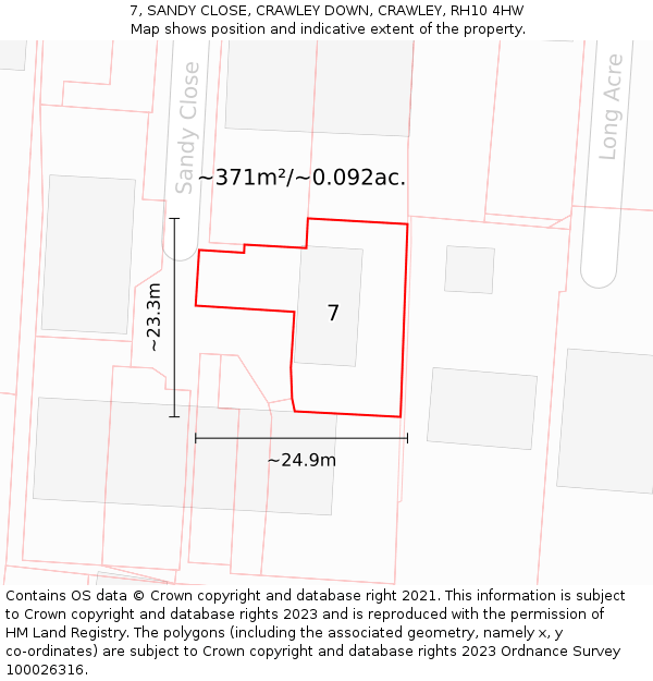 7, SANDY CLOSE, CRAWLEY DOWN, CRAWLEY, RH10 4HW: Plot and title map