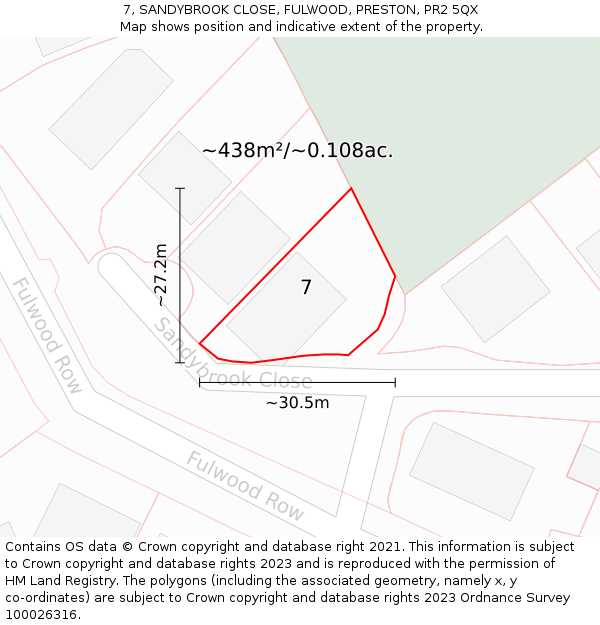 7, SANDYBROOK CLOSE, FULWOOD, PRESTON, PR2 5QX: Plot and title map