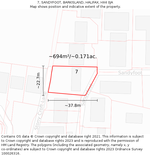 7, SANDYFOOT, BARKISLAND, HALIFAX, HX4 0JA: Plot and title map