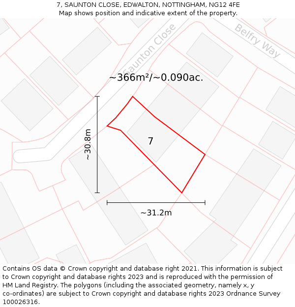 7, SAUNTON CLOSE, EDWALTON, NOTTINGHAM, NG12 4FE: Plot and title map