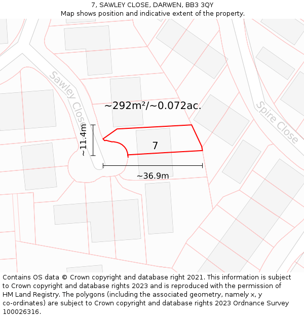 7, SAWLEY CLOSE, DARWEN, BB3 3QY: Plot and title map