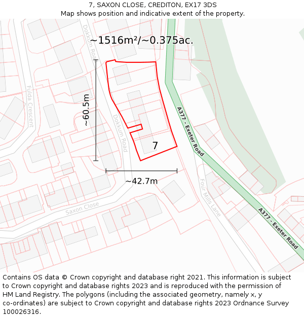 7, SAXON CLOSE, CREDITON, EX17 3DS: Plot and title map