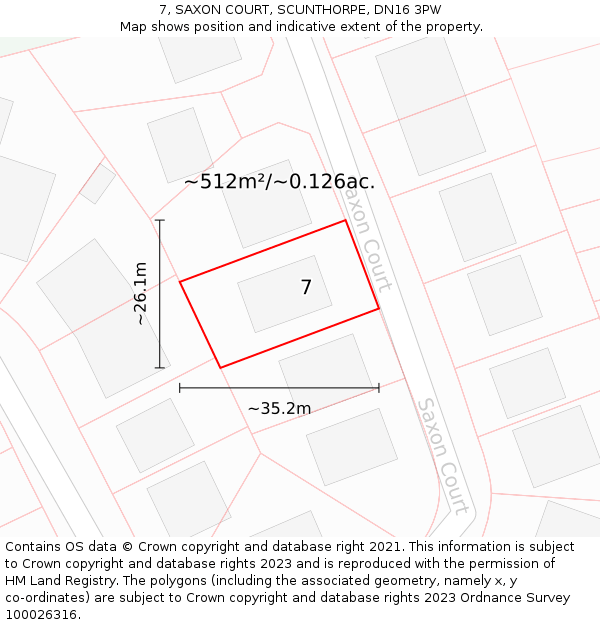 7, SAXON COURT, SCUNTHORPE, DN16 3PW: Plot and title map