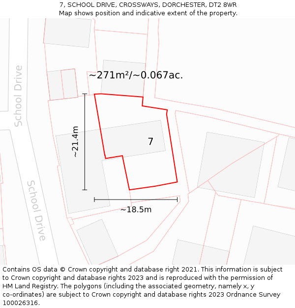 7, SCHOOL DRIVE, CROSSWAYS, DORCHESTER, DT2 8WR: Plot and title map