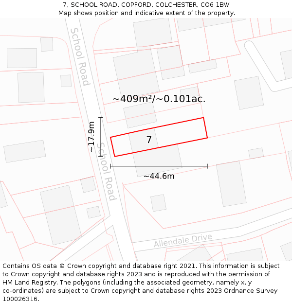 7, SCHOOL ROAD, COPFORD, COLCHESTER, CO6 1BW: Plot and title map