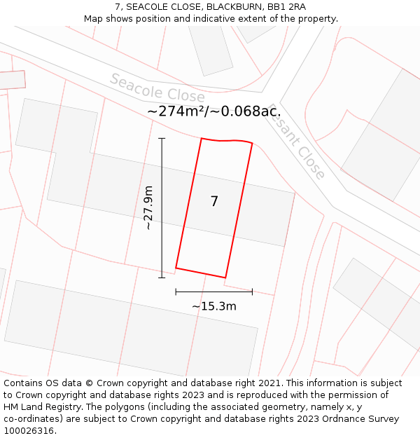 7, SEACOLE CLOSE, BLACKBURN, BB1 2RA: Plot and title map