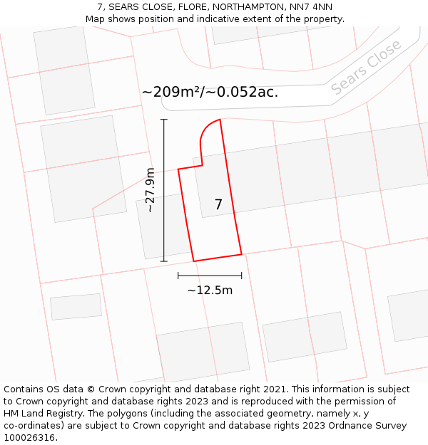 7, SEARS CLOSE, FLORE, NORTHAMPTON, NN7 4NN: Plot and title map