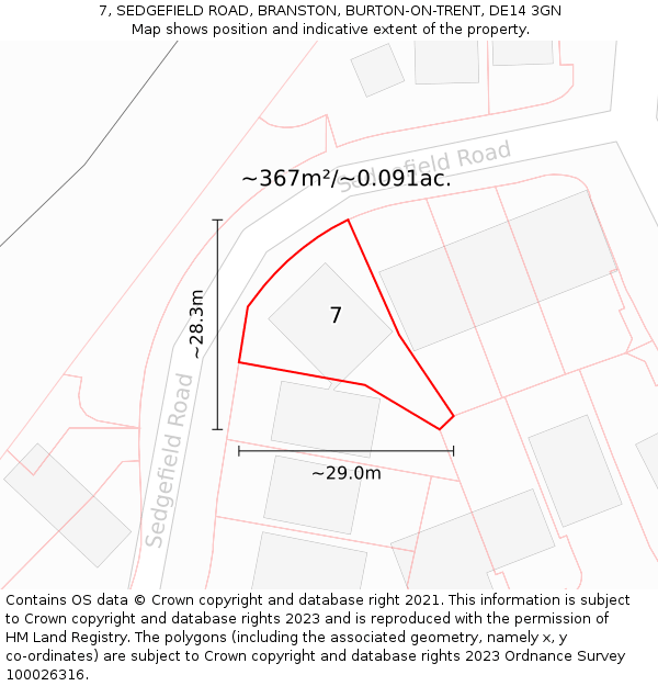7, SEDGEFIELD ROAD, BRANSTON, BURTON-ON-TRENT, DE14 3GN: Plot and title map