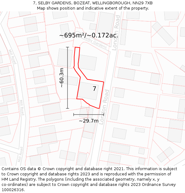 7, SELBY GARDENS, BOZEAT, WELLINGBOROUGH, NN29 7XB: Plot and title map