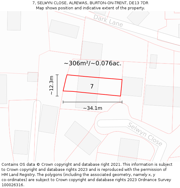 7, SELWYN CLOSE, ALREWAS, BURTON-ON-TRENT, DE13 7DR: Plot and title map