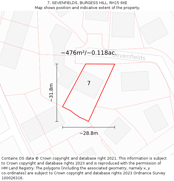 7, SEVENFIELDS, BURGESS HILL, RH15 9XE: Plot and title map