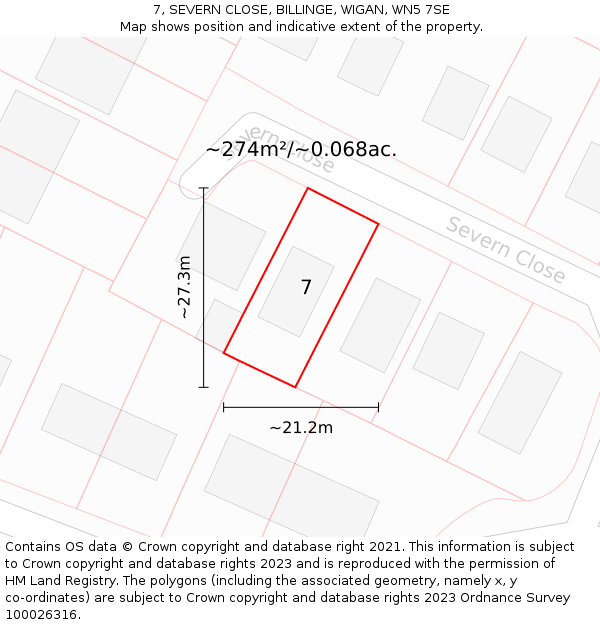 7, SEVERN CLOSE, BILLINGE, WIGAN, WN5 7SE: Plot and title map