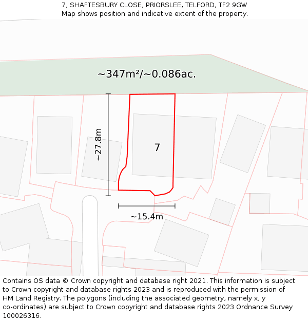 7, SHAFTESBURY CLOSE, PRIORSLEE, TELFORD, TF2 9GW: Plot and title map