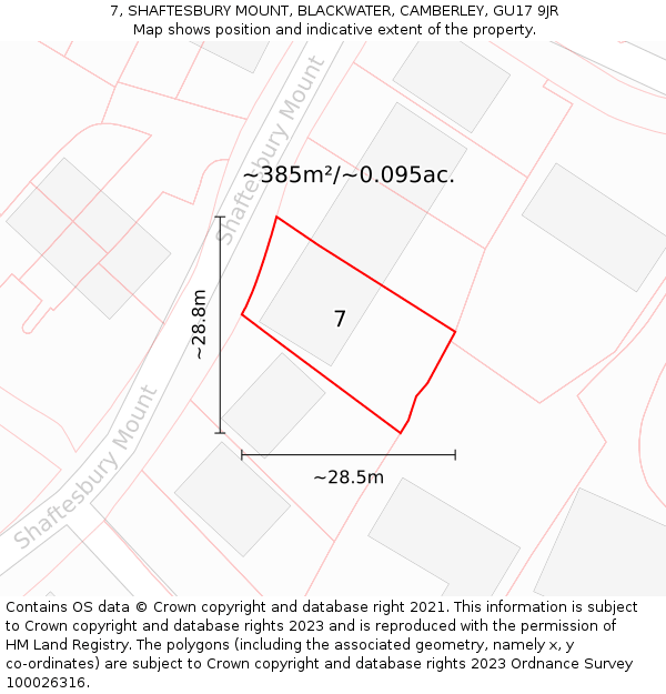 7, SHAFTESBURY MOUNT, BLACKWATER, CAMBERLEY, GU17 9JR: Plot and title map