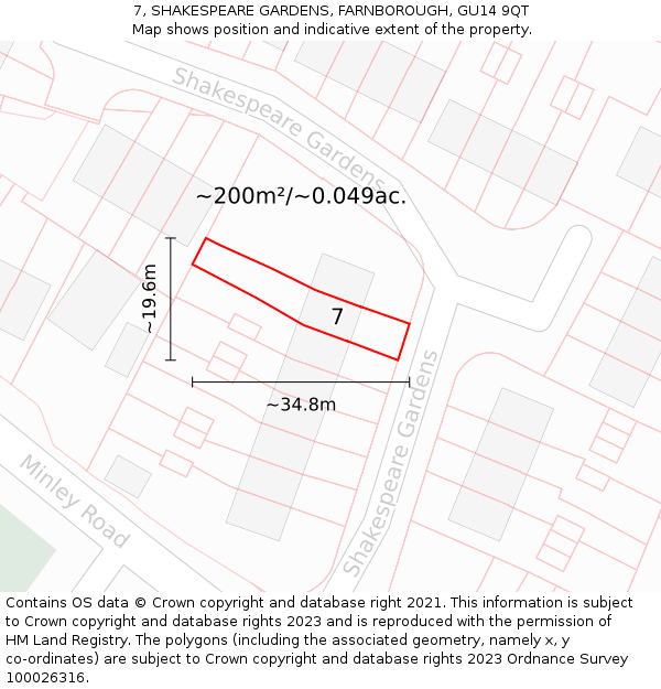 7, SHAKESPEARE GARDENS, FARNBOROUGH, GU14 9QT: Plot and title map