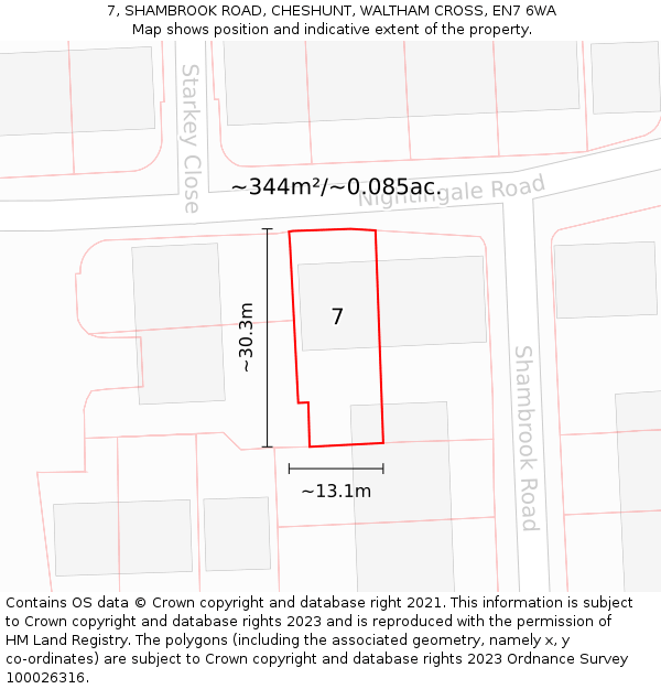 7, SHAMBROOK ROAD, CHESHUNT, WALTHAM CROSS, EN7 6WA: Plot and title map