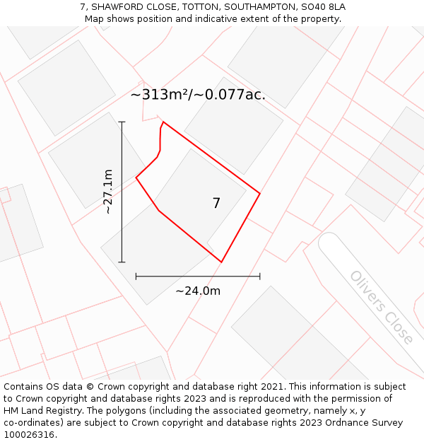 7, SHAWFORD CLOSE, TOTTON, SOUTHAMPTON, SO40 8LA: Plot and title map