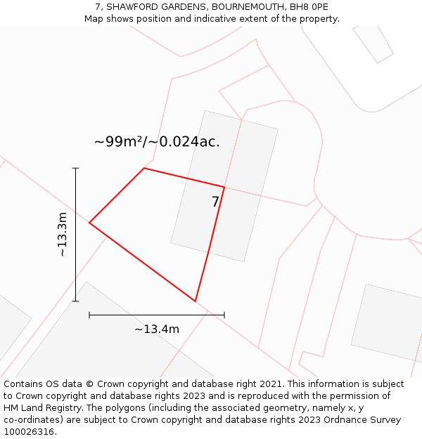 7, SHAWFORD GARDENS, BOURNEMOUTH, BH8 0PE: Plot and title map