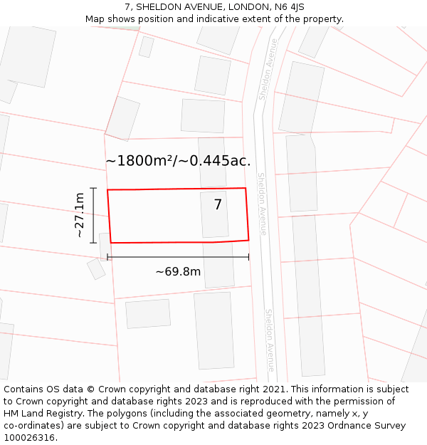 7, SHELDON AVENUE, LONDON, N6 4JS: Plot and title map