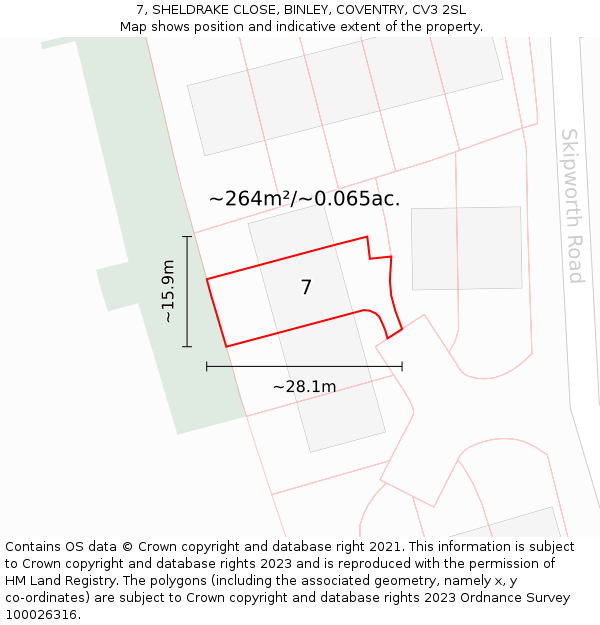 7, SHELDRAKE CLOSE, BINLEY, COVENTRY, CV3 2SL: Plot and title map