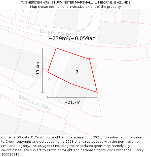 7, SHERIDEN WAY, STURMINSTER MARSHALL, WIMBORNE, BH21 4DE: Plot and title map