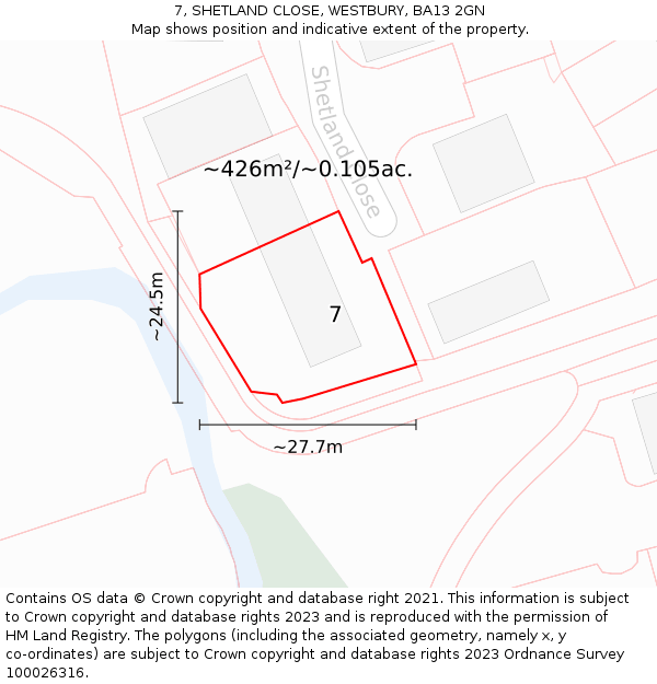 7, SHETLAND CLOSE, WESTBURY, BA13 2GN: Plot and title map